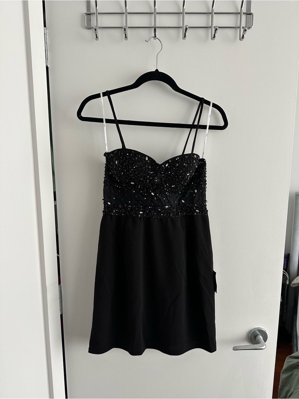 Lulu's Black Beaded Sweetheart Mini Dress with Spaghetti Straps